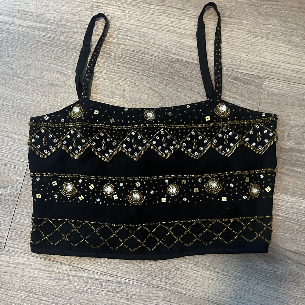 Mustard Seed Black and Gold Embellished Crop Top